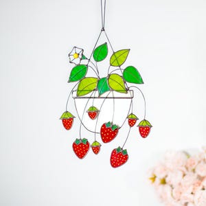 Stained Glass Plant Basket Window Hanging Wall Hanging,Strawberry Sun catcher Stained Glass Flower in Pot Birthday Mother&#39;s Gift for Her