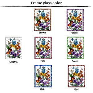 May include: A collection of seven rectangular stained glass panels featuring a floral arrangement with blue, yellow, orange, and purple flowers and butterflies. Each panel has a different colored frame: brown, purple, clear, pink, green, blue, and red.