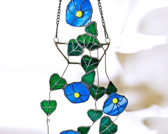 String of Hearts Morning Glory Stained Glass Window Hanging Fake Plant Hanging Suncatcher Plant Decor, Stained Glass Succulent, Flower