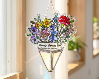 Personalized Birth Flower Gift, Family Garden Stained Glass Birth Flower Bouquet Suncatcher, Custom Birth Month Flowers, Handmade Keepsake