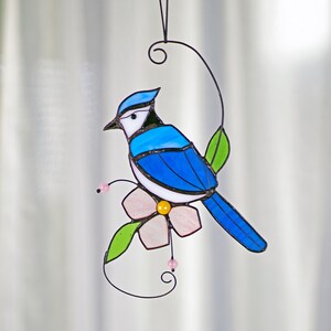 Blue jay stained glass bird suncatcher Blue jay feathers flower stained glass window hangings Blue jay art Stained glass Mothers Day gift image 5