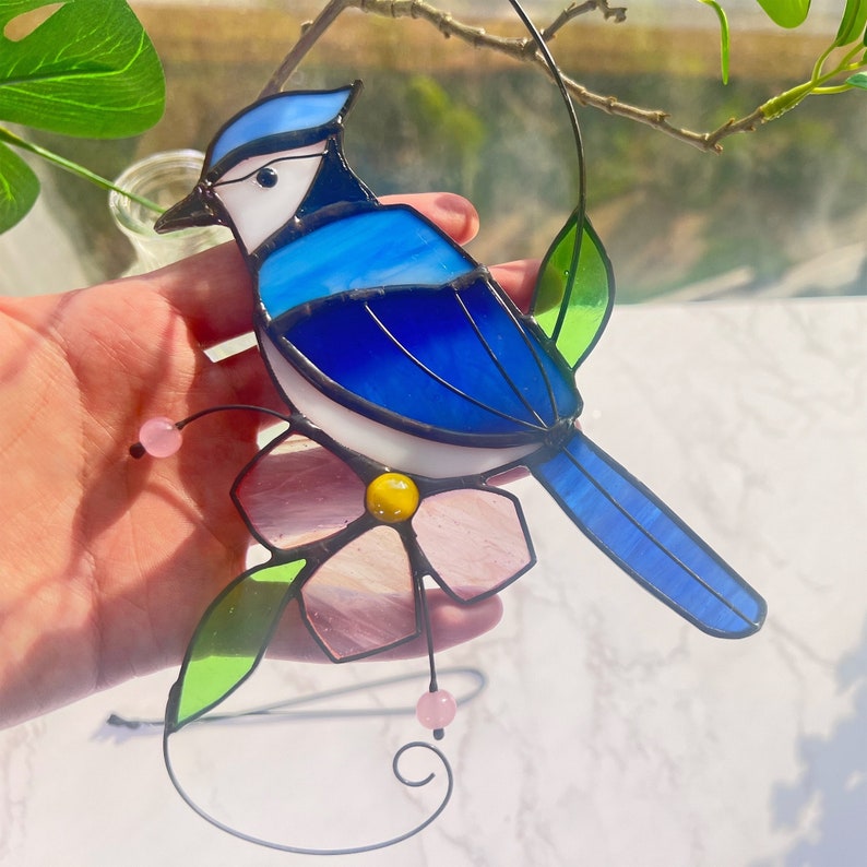 Blue jay stained glass bird suncatcher Blue jay feathers flower stained glass window hangings Blue jay art Stained glass Mothers Day gift image 6