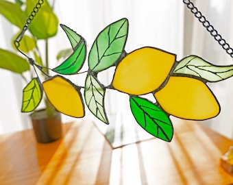 Lemon branch Stained Glass Suncatcher Window Hangings Lemon Tree Leaves Plant Stain Glass Home Garden Decor Lemon Decorations Gift for Her