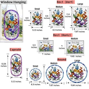 May include: A collection of stained glass window hangings featuring floral designs labeled 'Nuna's Garden'. Shapes include capsule, vertical rectangle, horizontal rectangle, and round in various sizes with dimensions in inches ranging from 5.3 to 11.4.