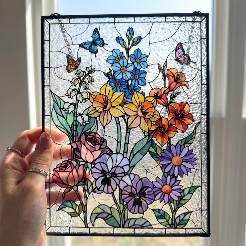 May include: A rectangular stained glass panel featuring a vibrant floral arrangement with yellow daffodils, pink roses, purple pansies, blue forget-me-nots, and orange lilies. Two butterflies are depicted among the flowers and green leaves.