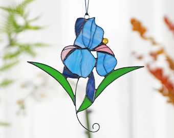 アイリスの花のステンドグラスのサンキャッチャー 青紫色の花のステンドグラスの窓飾り 壁飾り お母さんへのギフト 植物好き 母の日ギフト