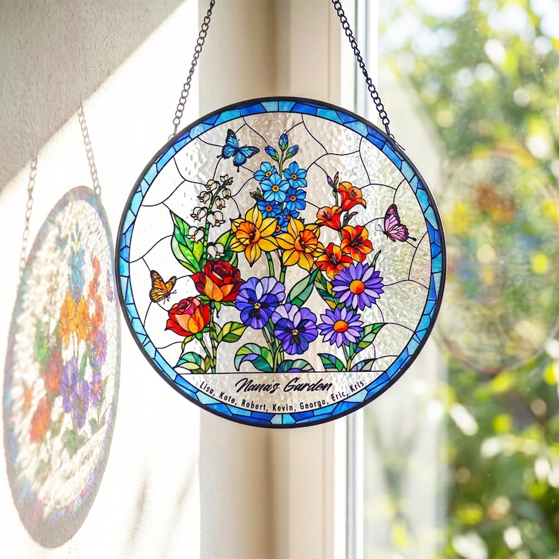 Custom Family Birth Flowers Glass Suncatcher, Custom Mom's Garden Gift Flower Glass Art Birth Flower Nana's Garden Mother's Day Gift For Mom image 12