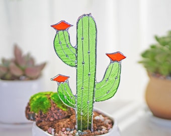 サボテン ステンドグラス 杭 サボテン アリゾナ オーナメント 多肉植物 サンキャッチャー 砂漠 ガーデン ウォールアート ボヘミアン ハンドメイド デコレーション 母の日ギフト
