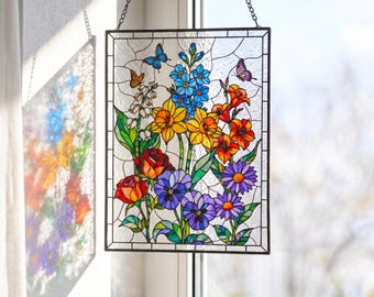 Attrape-soleil en verre de fleurs de naissance de famille personnalisé, cadeau jardin de maman personnalisé Art en verre de fleur de naissance cadeau de fête des mères jardin de Nana pour maman