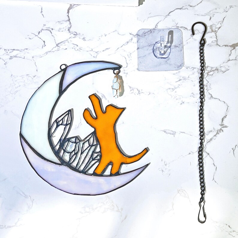 Cat on Moon Stained Glass Suncatcher Window Hanging Cat Memorial Gifts ...