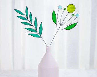 ワイルドフラワー ステンドグラス 葉 植物 サンキャッチャー ボヘミアン フラワーブーケ ガラスアート 母の日ギフト、花瓶に入った自然の花の植物 ホームデコレーション