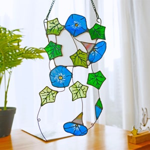 Window Hanging Plants Morning Glory Ivy Leaves Suncatcher, Stained Glass Plants Hanging, Wall Window Plant Decor Gift Her