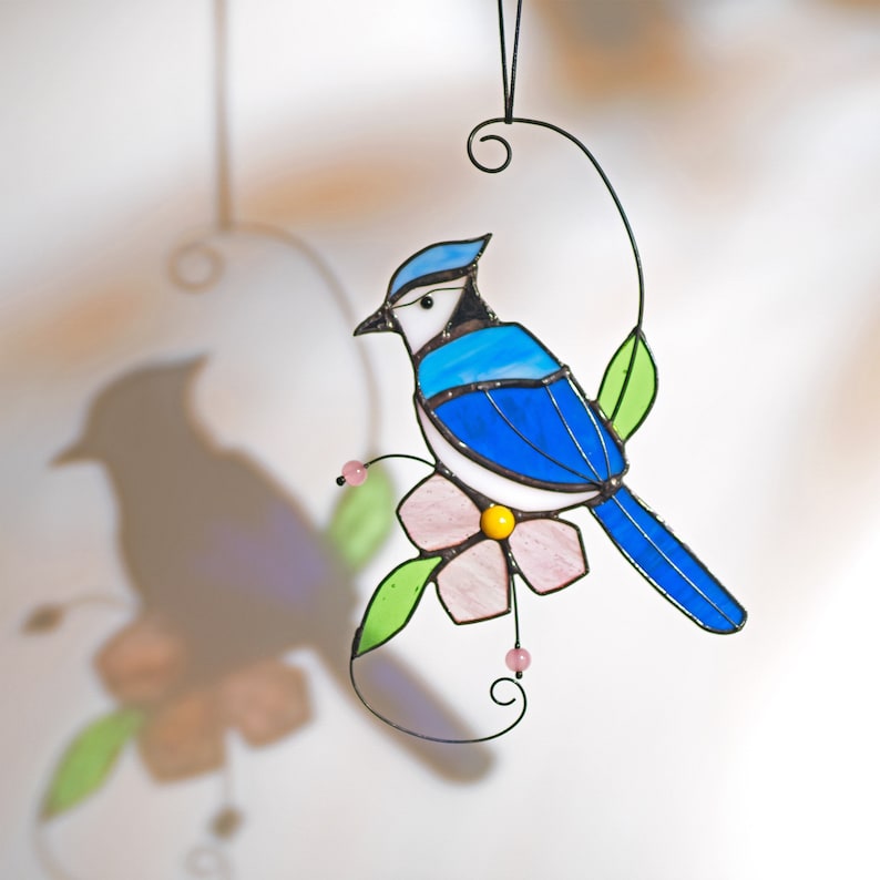 Blue jay stained glass bird suncatcher Blue jay feathers flower stained glass window hangings Blue jay art Stained glass Mothers Day gift image 4