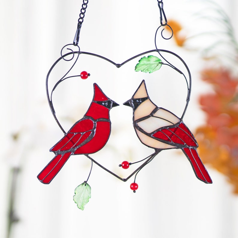 Cardinal stained glass Window Hangings Heart Stained glass bird suncatcher Love Cardinal gifts Custom stained glass decor Mothers Day gift zdjęcie 2