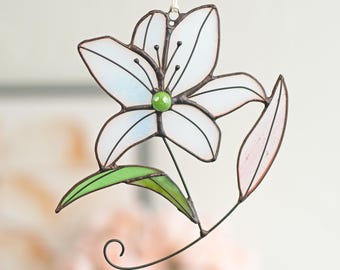 女性への誕生日プレゼント、白いユリの花のギフト、花のギフト、ステンドグラスの窓飾り、サンキャッチャー、母の日、おばあちゃんへの記念日の愛のギフト