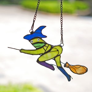Witch Hat Frog on Broom Stained Glass Window Hanging Witch Suncatcher Witch Decor, Witchy Gifts Decoration for Her
