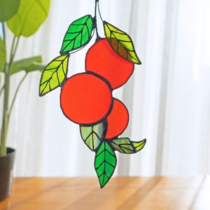 Orange branch Stained glass sun catcher window hanging suncatcher Orange tree leaves pendant fruit plant lover garden gift for christmas