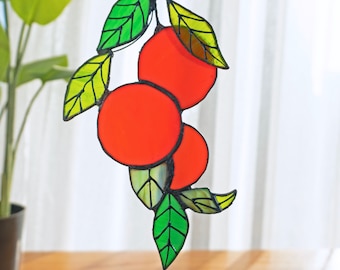 Orange branch Stained glass sun catcher window hanging suncatcher Orange tree leaves pendant fruit plant lover garden gift for christmas