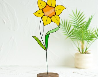 水仙の植物の支柱 ステンドグラスの花 サンキャッチャー 水仙の装飾 鉢飾り ステンドグラス ガーデン装飾 女性へのギフト