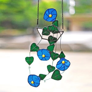 String of Hearts Morning Glory Stained Glass Window Hanging Fake Plant Hanging Suncatcher Plant Decor, Stained Glass Succulent, Flower image 3