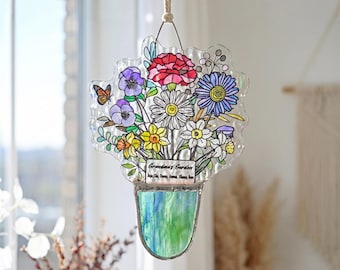 Personalized Birth Flower Gift, Family Birth Flower Bouquet, Stained Glass Keepsake for Grandma Mom, Custom Handmade Flower Suncatcher