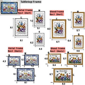 May include: A collection of tabletop frames featuring floral stained glass designs labeled Amanda's Garden. The image displays various rectangular metal and wood frames in vertical and horizontal orientations with specific dimensions in inches listed.