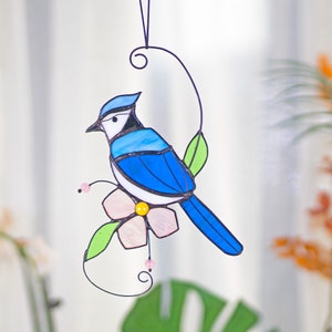 Blue jay stained glass bird suncatcher Blue jay feathers flower stained glass window hangings Blue jay art Stained glass Mothers Day gift image 3