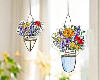 Personalized Birth Flower Gift, Family Birth Flower Bouquet, Stained Glass Keepsake for Grandma Mom, Custom Handmade Flower Suncatcher