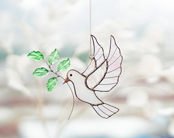 Paloma blanca de vitral, atrapasol, regalos de Navidad, decoración de pared de vitral personalizada, acento espiritual para el hogar, símbolo de paz, regalo para mamá