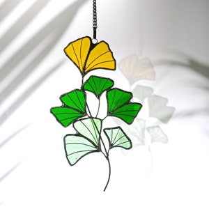 Ginkgo Leaf Stained Glass Window Hanging Plants Suncatcher Decor, Plant Succulent Suncatcher Boho Decor