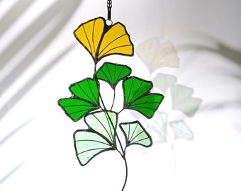 Ginkgo Leaf Stained Glass Window Hanging Plants Suncatcher Decor, Plant Succulent Suncatcher Boho Decor