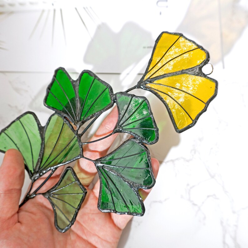 Ginkgo Leaf Stained Glass Window Hanging Plants Suncatcher Etsy