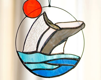 Vitrail marin, tentures de baleine, attrape-soleil, attrape-soleil, baleine, océan, vitrail, mer, décoration de maison, fenêtre, décoration murale
