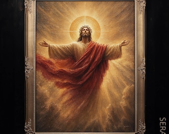 May include: A framed oil painting depicting a figure with long hair and a crown of thorns, wearing a white robe and a flowing red mantle. The figure stands with arms outstretched against a radiant golden light, set in an ornate gold frame.