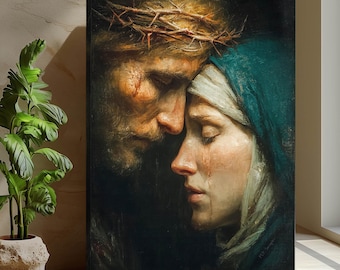 Goodbye Mother - 100% Cotton Wrapped Fabric 1.25" Depth, Ready to Hang, Blessed Virgin Vertical Fine Art #077