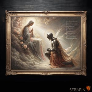 May include: A framed wall art print featuring a kneeling knight in full metal armor facing a seated figure in flowing robes amidst clouds and roses. The artwork includes text titled Code of Honor and a list of virtues, all encased in an ornate gold frame.
