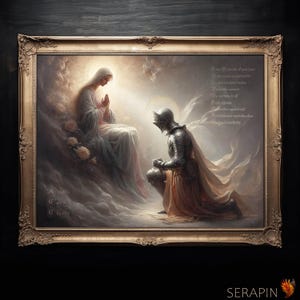 Puede incluir: Pintura enmarcada que representa a un caballero arrodillado con armadura ante una figura vestida con una túnica, sobre un fondo celestial. La obra presenta una iluminación suave y texto en el lado derecho. El marco es dorado.