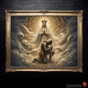 May include: A framed wall art piece featuring a knight in metal armor kneeling with a sword before a glowing, crowned figure in white robes amidst clouds. The text Knight's Code and Of Honor is visible on the left and right sides of the image.