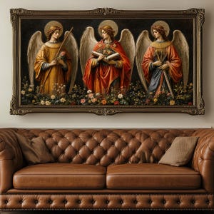May include: A rectangular framed wall art piece featuring three winged figures with halos standing amidst a field of colorful flowers. The left figure wears gold, the center figure holds an open book in red robes, and the right figure holds a sword.