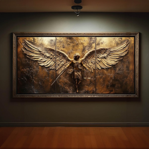 Saint Michael the Archangel - Triptych, Angel Protection, Ultra-Wide Panoramic Horizontal Catholic Fine Art Print #050