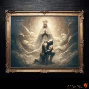 May include: A framed artwork showing a kneeling knight and a robed figure with a crown, set against a backdrop of ethereal clouds and light. The artwork is framed in a gold ornate frame. The text "Knight's Code" and "Of Honor" are visible.