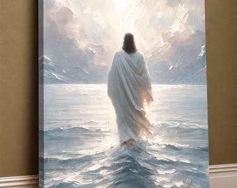 May include: A canvas print titled Serapin Catholic Art depicting a figure in a long white robe walking across a body of water toward a bright, cloudy sky. The painting features textured brushstrokes and light blue and white tones.
