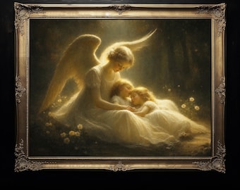 May include: A framed wall art print depicting a winged figure in a white gown embracing two children in a dimly lit, ethereal setting. The scene features soft golden light, small white flowers, and an ornate, metallic-toned rectangular frame.