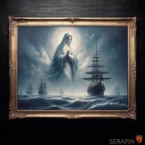 Stella Maris - Star of the Sea - Blessed Virgin Mary, Dark Sea Ocean Night Moon Marian Antique Catholic Fine Art Print #038