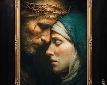 Goodbye Mother - Jesus and Mary Embrace, Son Gift, Comfort, Catholic Religious, Marian, Blessed Virgin, Fine Art Print #074