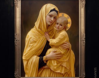 ブラシストロークテクスチャの聖母子キャンバスプリント、ヴィンテージ