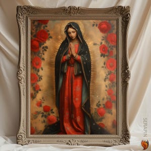 Nuestra Señora de Guadalupe - Virgen de Guadalupe, Santísima Virgen María Rosas Icono Dorado Impresión de Bellas Artes Marianas #041