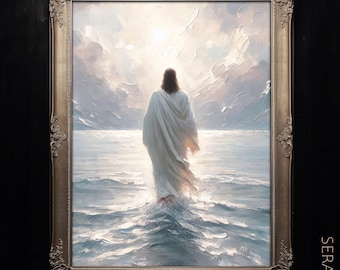 May include: An oil painting in a decorative gold frame depicting a figure in a long white robe walking across a body of water toward a bright, cloudy sky. The scene features textured brushstrokes, soft blue and white tones, and the text SERAPIN.
