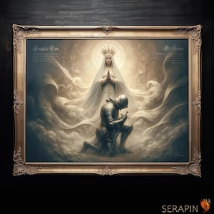 Pode incluir: Uma pintura emoldurada que retrata um cavaleiro ajoelhado em oração diante de uma mulher com uma túnica branca e uma coroa. A mulher está cercada por nuvens e luz. A pintura é intitulada "A Knight's Code" e inclui uma citação sobre fé e honra.