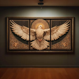 May include: A triptych artwork featuring a white dove with outstretched wings, set against a dark background. The dove is centered, surrounded by a golden halo. The artwork is framed in a dark, ornate wooden frame, adding a touch of elegance.